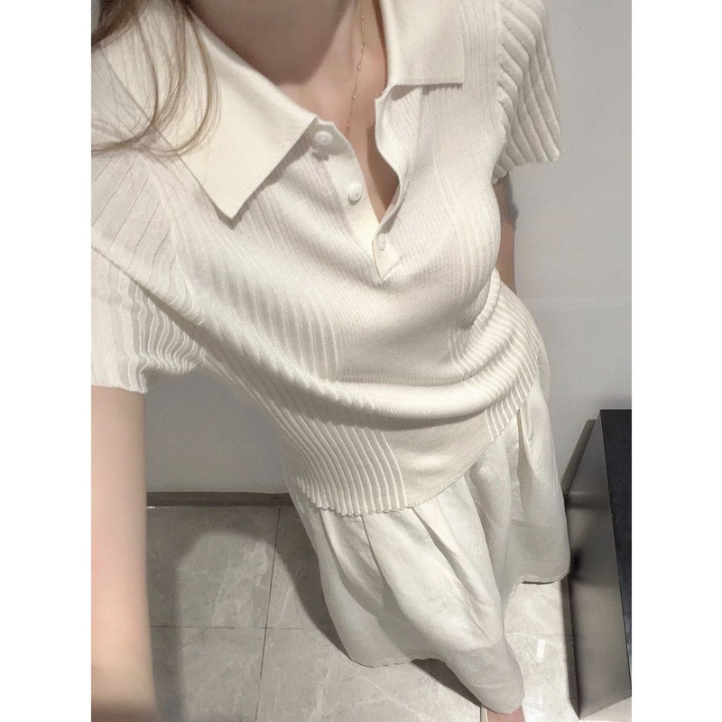 Contains 3.7% Mulberry Silk and 96.3% Tencel, Polo Collar Knitted T-Shirt for Women, Summer Short-Sleeve Ribbed Slim-Fit Top Contains 3.7% Mulberry Silk and 96.3% Tencel, Polo Collar Knitted T-Shirt for Women, Summer Short-Sleeve Ribbed Slim-Fit Top