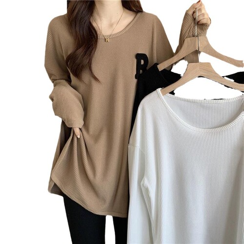 Women's Loose Fit Long Sleeve T-Shirt for Spring and Autumn/Winter 2025, Stylish and Versatile Embroidered Large Size Base Layer Top