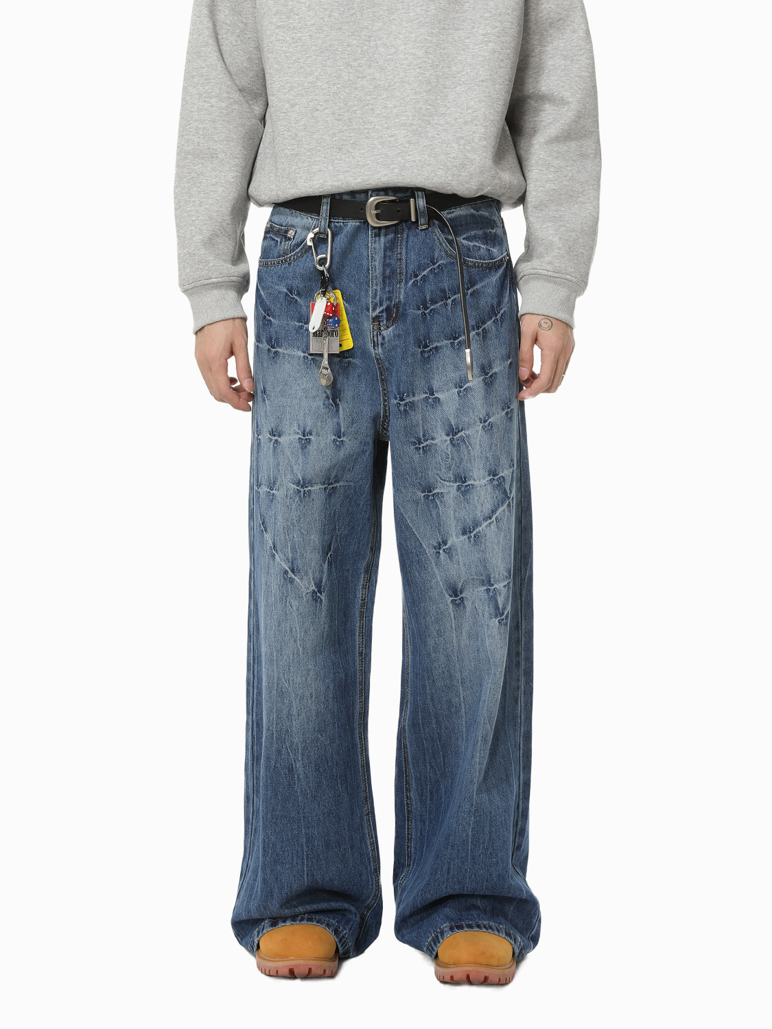 MTLCLOTHES Hombres| Nicho Street Vibe Lightning Pattern Fashion Heavy Duty White White Wide Leg Straight Jeans