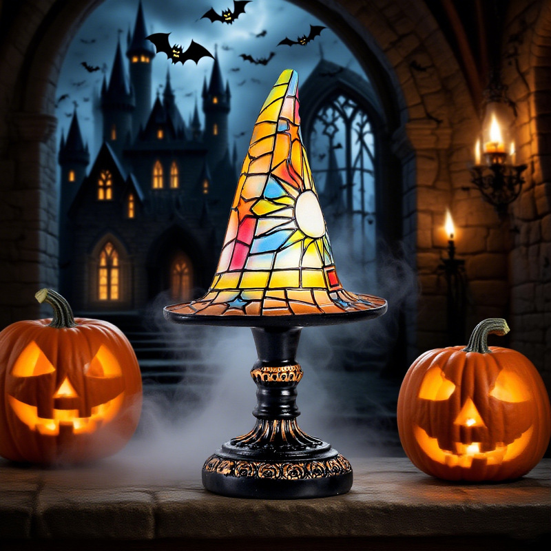 跨境新款Stained Glass Witch Hat Lamp 女巫帽灯床头柜夜灯|undefined
