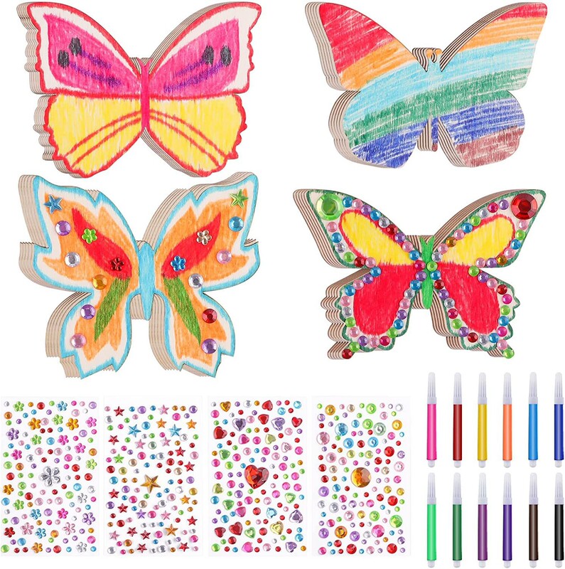 Cross-Border Butterfly Wooden Decoration Craft Kit DIY with Watercolor Pen Gemstone Stickers Birthday Easter Kidsren