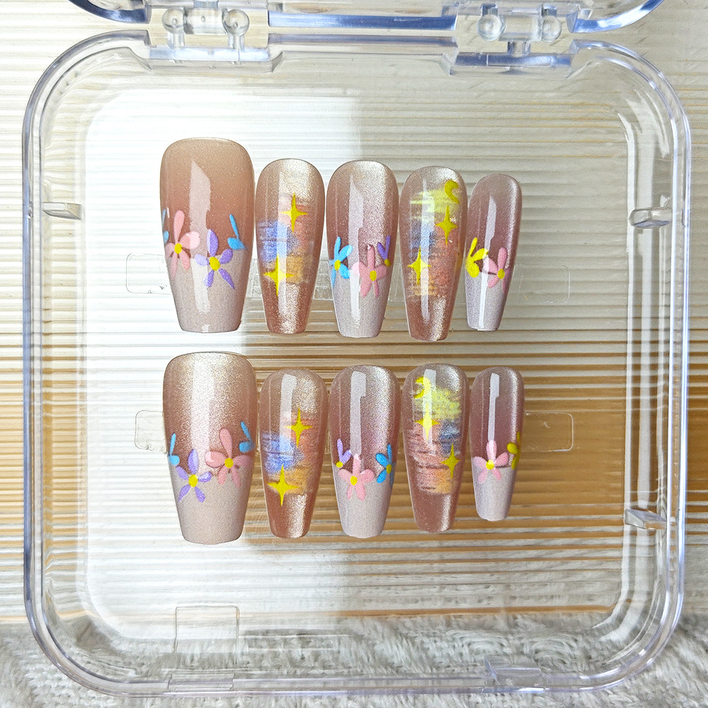 10 piezas de parche de uñas de ojo de gato en relieve 3D en flor, cielo estrellado, uñas lindas y artísticas, armadura de vestir hecha a mano
