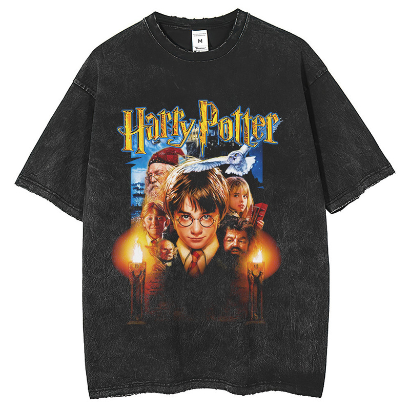 Retro Trendy Brand Heavy Washed Harry Potter Printed T-Shirt Harry Potter American Loose Half-Sleeved Men's T-Shirt