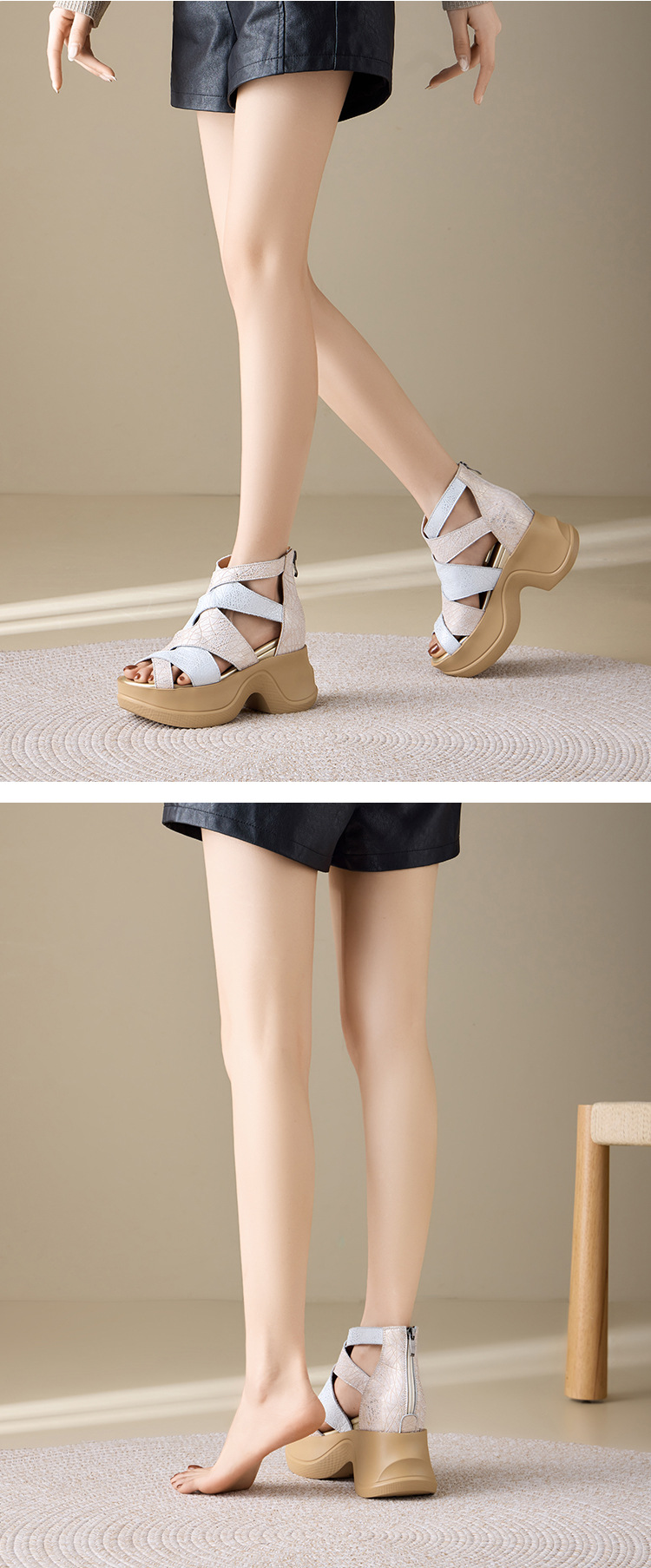 Sandal cao gót nữ đế xuồng hở mũi phong cách La Mã, gót 10 cm — màu đen, Vàng nhạt chi tiết 7