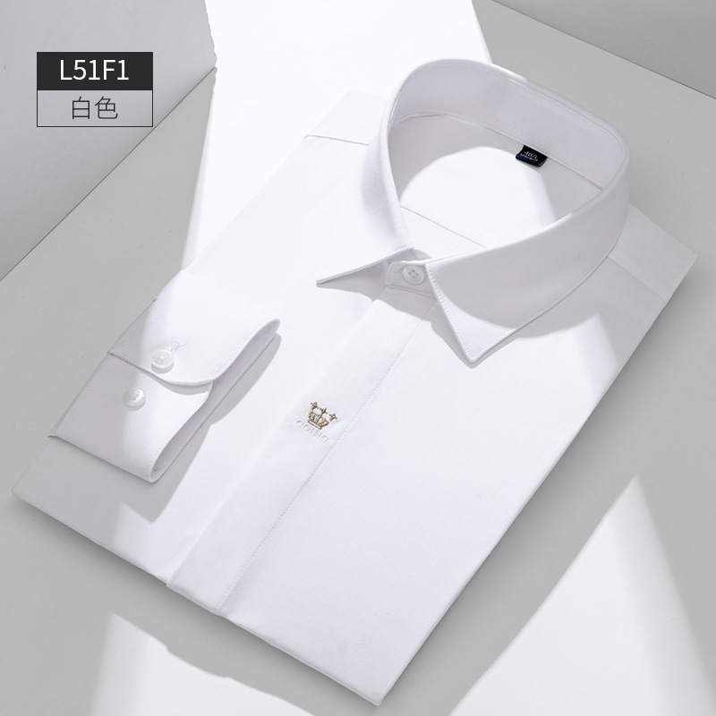 Ferret hombres corona bordada camisa blanca de los hombres de manga larga negocios casual sin planchar slim fit luz camisa blanca de lujo hombres