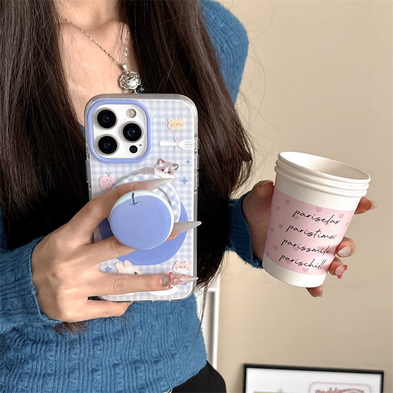 Ins viento azul a cuadros lindo gato de manzana para iphone15ProMax Apple 13/14 funda para teléfono móvil 16 mujer