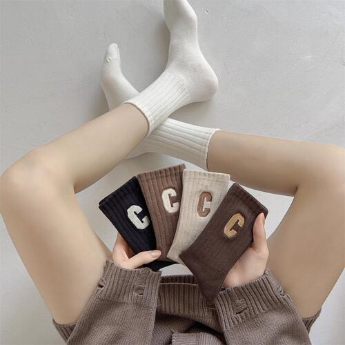 Zhuji Socks Lady Autumn Mid-Calf Socks Versatile Shark Tights Sporty Casual Mid-Calf Socks Milk Tea Color Cotton Socks