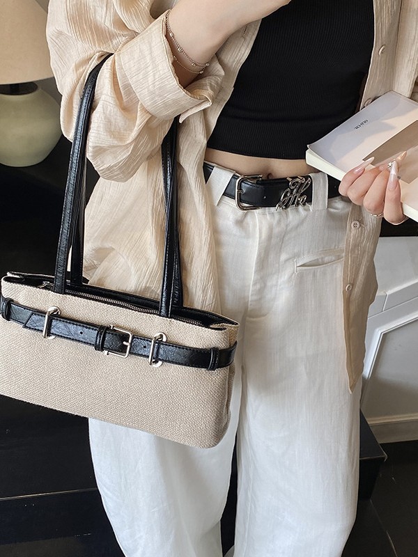 Bolso de mano de diseño de nicho para mujer 2025 verano nueva costura de moda bolso de hombro de color de contraste bolso de viaje coreano