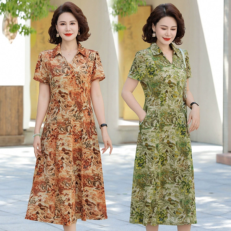 Летнее шифоновое платье для мамы 2025 года, модная юбка для дам, летняя длинная юбка с принтом для женщин средних лет