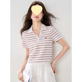 简约条纹polo衫针织t恤女短袖2026夏季新款甜美减龄半袖正肩上衣