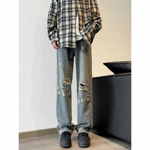 Retro personality holey frayed denim pants for men, thin, loose wide-leg distressed floor-length individual straight-leg pants
