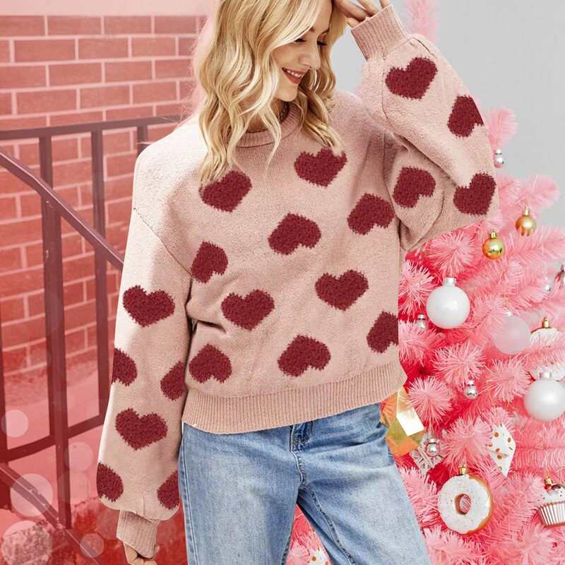 Cross-Border Amazon New Product: Valentine's Day Pink Sweater with Puff Sleeves, Loose and Sweet Heart-Shaped Jacquard Pullover Knitwear