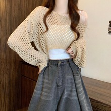 欧美跨境亚马逊夏季新款针织衫短款罩衫镂空纯色宽松圆领毛衣上衣