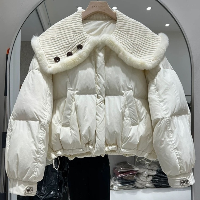 欧货设计感冬季濑兔毛针织领羽绒服女短款大翻领白鸭绒保暖外套