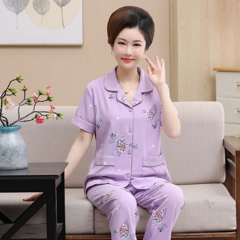 Pijama de algodón 100% de la madre de mediana edad verano de las mujeres pantalones de manga corta de mediana edad y ancianos solapa traje de desgaste para el hogar Suelto