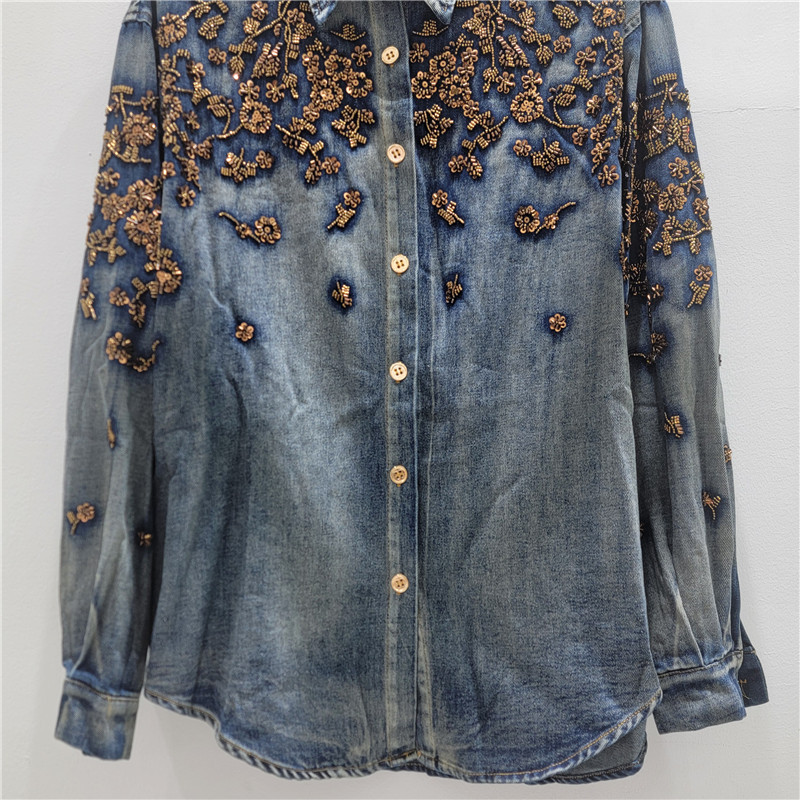 Camisa Vaquera Bordada de Solapa de Mezclilla y Poliéster, Cuello de Solapa, Manga Larga, Empalme