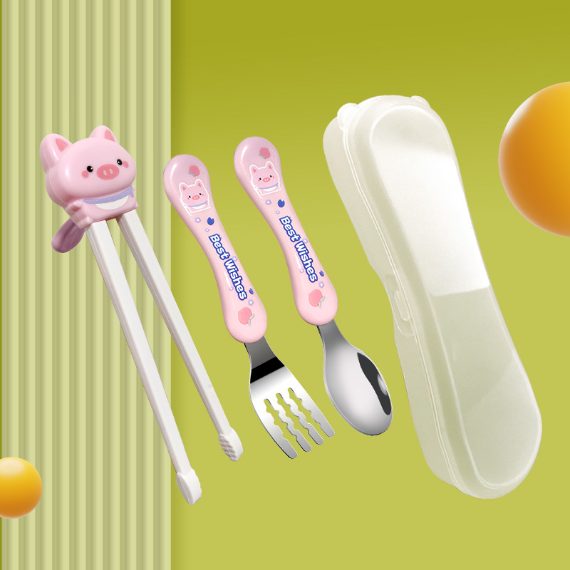 패턴학습젓가락 + 304 스푼과 포크 + 박스 - 핑크돼지
