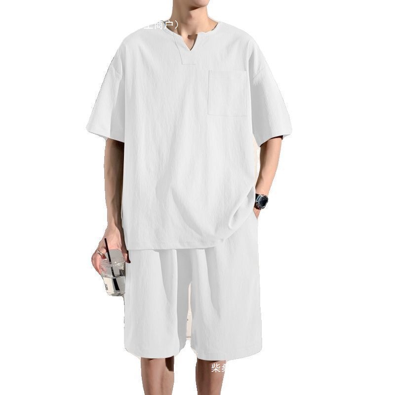 2025 summer men's leisure suit Chinese style extra large size 300kg sports suit V collar T two-piece Hong Kong style