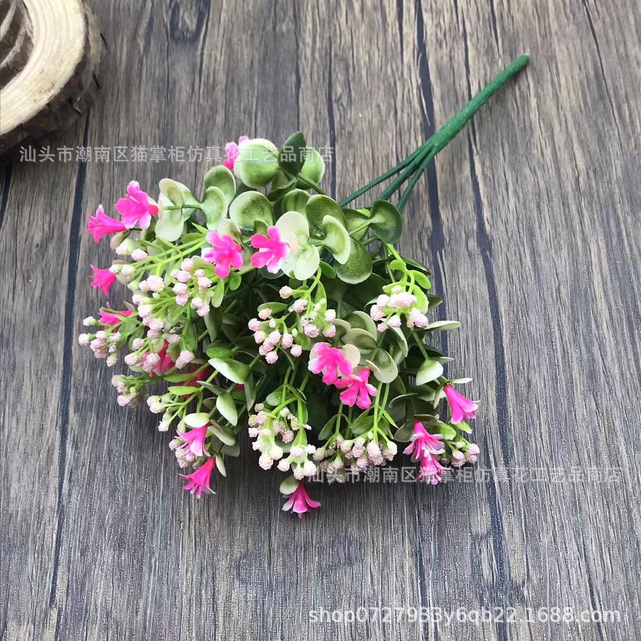 Decoración de flores artificiales de tres puntas, violeta eucalipto, hogar de bodas, 6 flores falsas, ramos de mano, accesorios de tiro