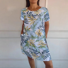 欧美跨境亚马逊独立站外贸女装春夏休闲印花圆领口袋沙滩裙连衣裙