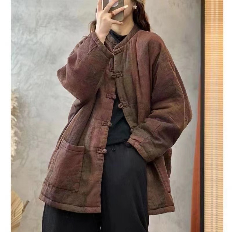 复古印花夹棉加厚棉袄外套女2025年冬季新款宽松休闲舒适保暖棉服|undefined