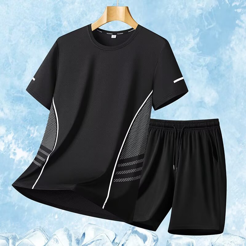Trajes deportivos para hombres hielo veloz ropa seca camiseta de fitness correr mangas cortas pantalones cortos trajes de entrenamiento fábrica transfronteriza al por mayor