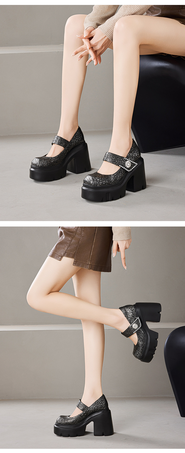 Giày Mary Jane nữ da thật gót cao 12 cm đế dày phong cách Pháp — màu đen chi tiết 9