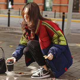 棉服年冬季新款女拼接加厚潮拼色棉衣小个子韩版宽松棉袄