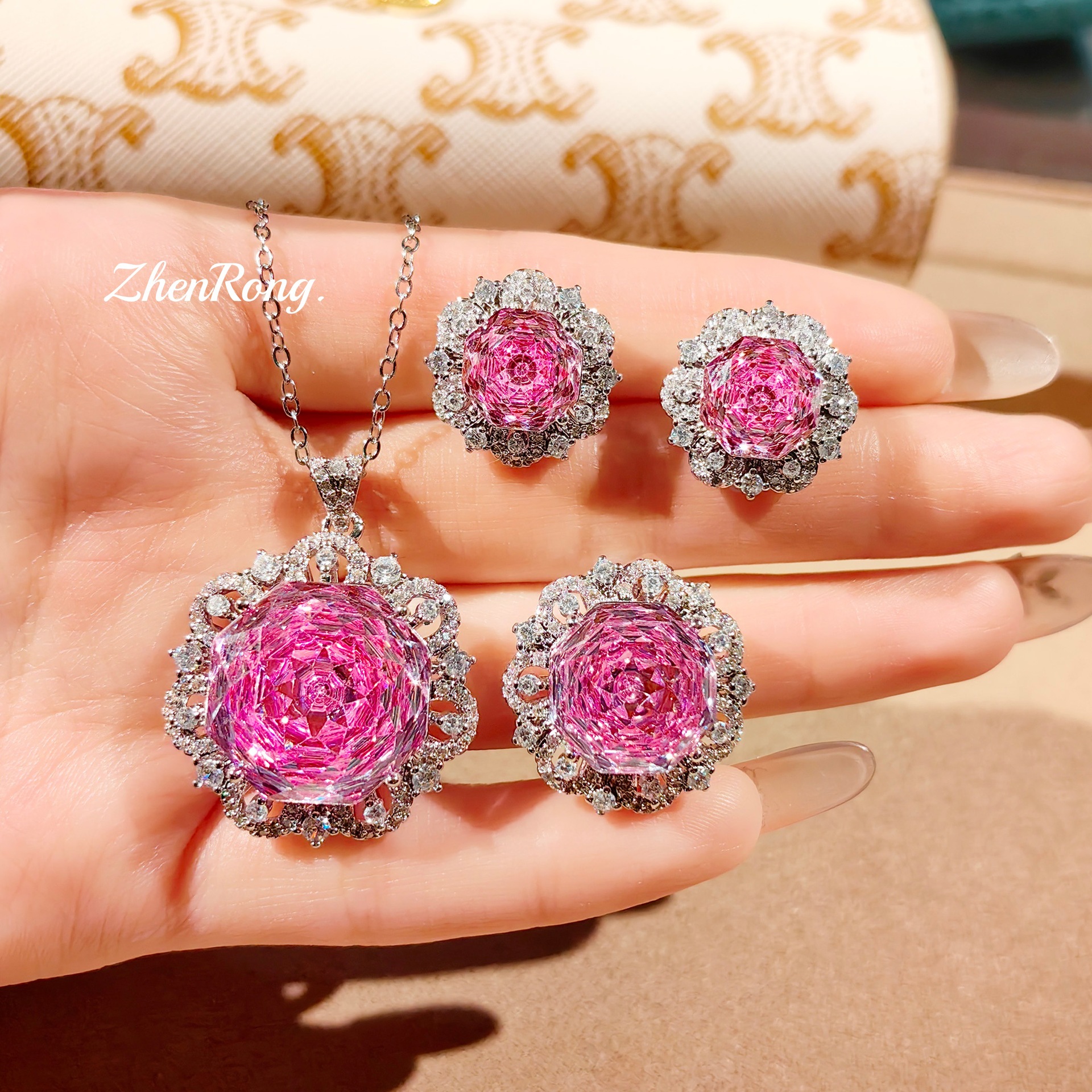 太阳花八角千禧玫瑰切项链玫红吊坠高碳钻耳钉海蓝戒指彩宝套装女