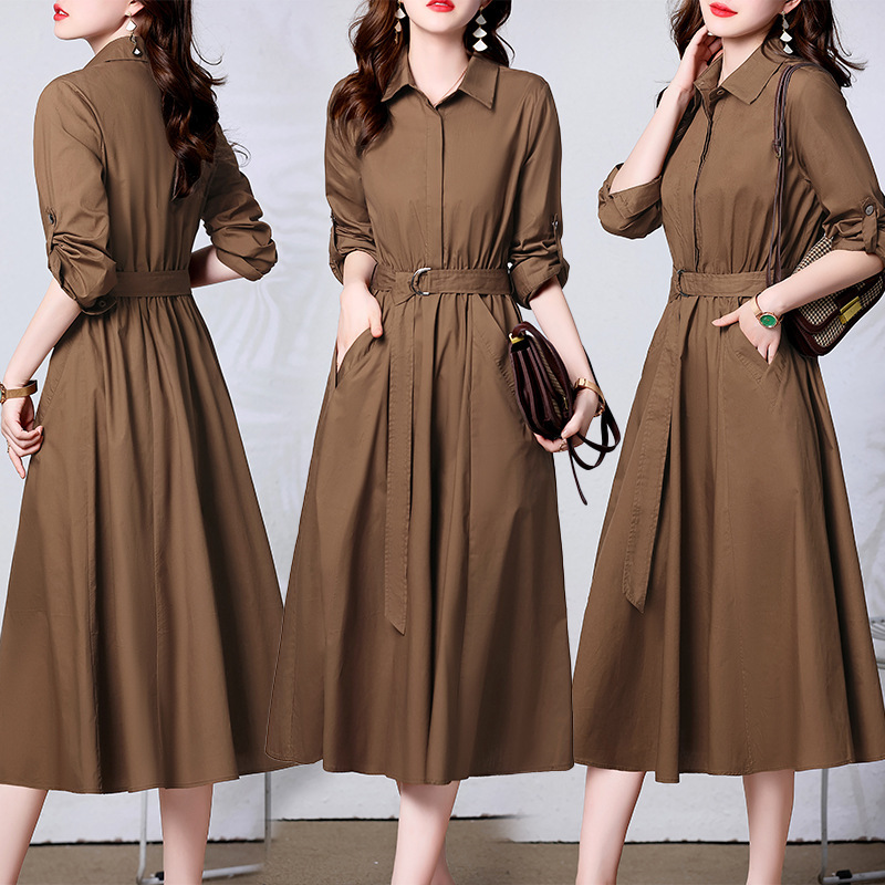 Long-Sleeved Shirt Dress for Women, Spring & Fall Wear, 2025 New Style, High-End, Elegant, Waist Slimming Look, Early Spring Skirt