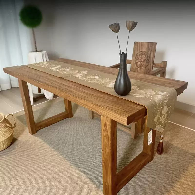 中式老榆木茶桌实木复古书桌家用自然风化长方形大板桌原木餐桌