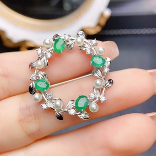Factory Wholesale Popular Natural Emerald Brooch S925 Silver Inlaid Main Stone 3*5 Hot Selling European and American Drop Shipping