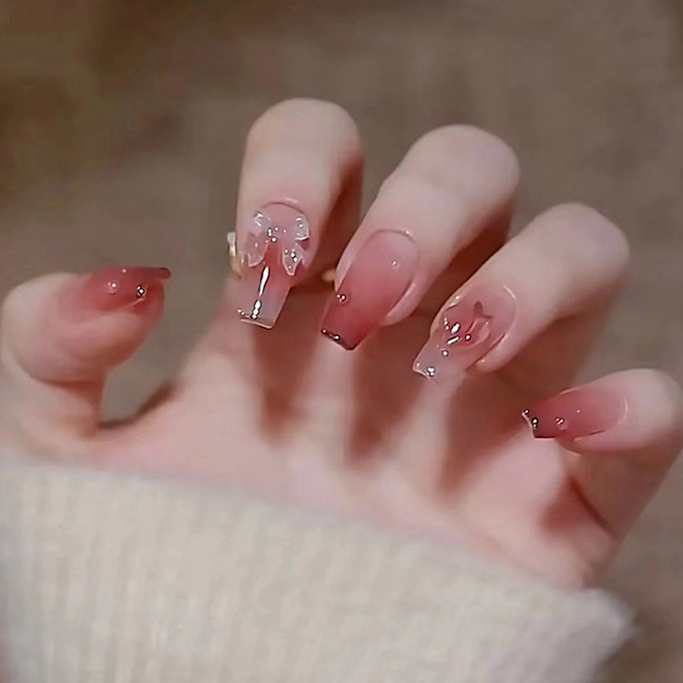 Medium and long gradient color ballet nail art patch bow light perception light color three-dimensional peach wear nail piece Medium and long gradient color ballet nail art patch bow light perception light color three-dimensional peach wear nail piece