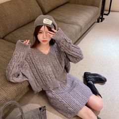 毛衣套装两件套时尚小个子宽松慵懒秋冬v领上衣包臀裙单件/套装女