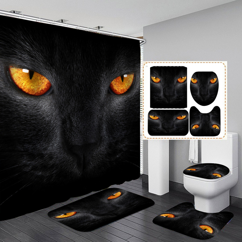 Source Manufacturer Wholesale Four-Piece Shower Curtain Set Cat Waterproof Punch-Free Bathroom Partition Curtain Hotel Shower Curtain