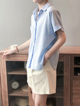 日系女士蓝色短袖衬衫2024新款女夏季薄款工装白衬衣女款气质上衣