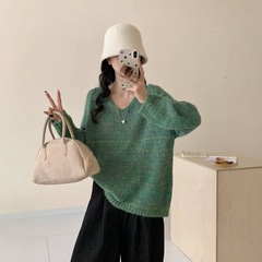 春秋马海毛慵懒风V领套头长袖针织衫女新款宽松显瘦休闲百搭毛衣