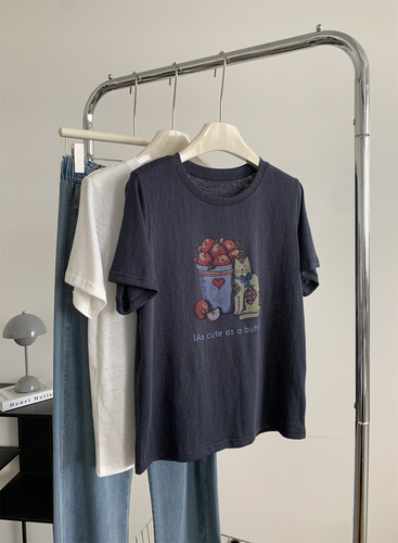 Women's Loose Round Neck Short Sleeve Top with Snowflake Cotton, 2025 Summer Thin Han-style Youthful Cat Fruit Print T-shirt