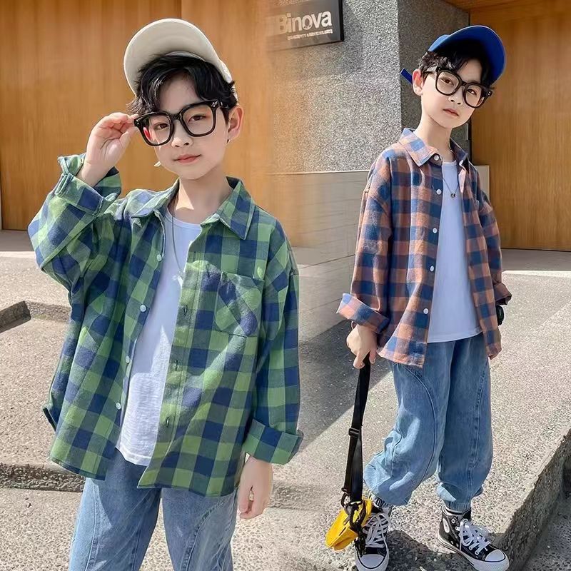Boys' Shirt Spring Children's Western Style Plaid Shirt 2024 New Style Middle and Large Boys Top Spring Coat Trendy