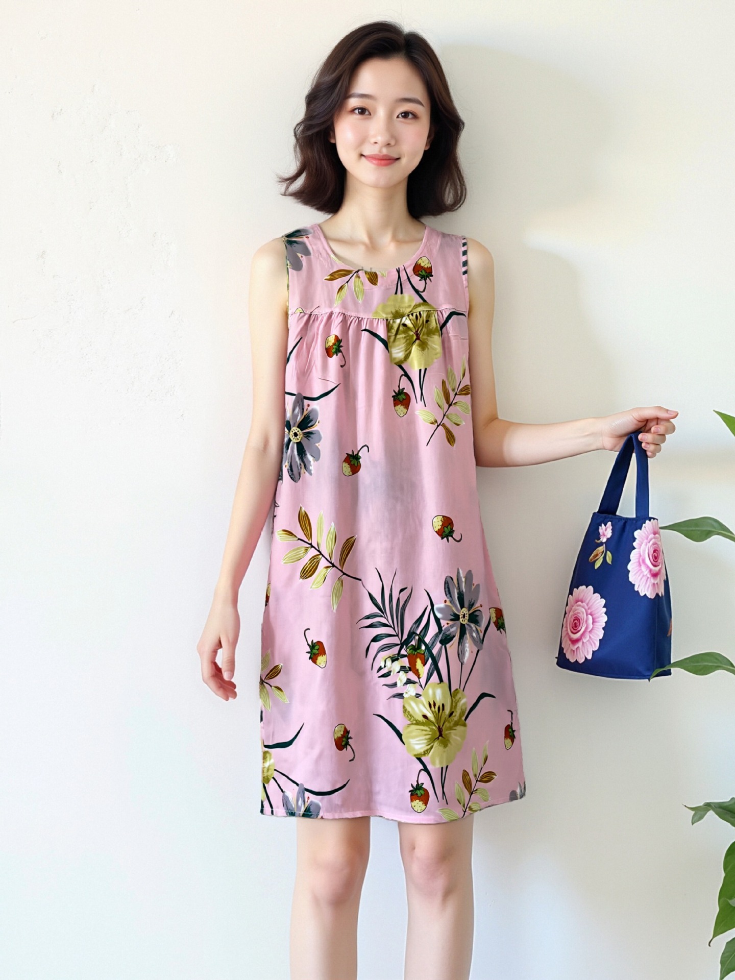 女性用ナイトガウン夏プラスサイズノースリーブコットンシルクミッドレングス人工綿ルーズドレス中高年パジャマホームウェア