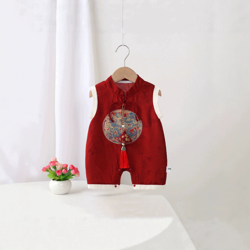 Infant Summer Thin Clothing Sleeveless Romper Red Festive Full Moon Hundred-Day Baby Jumpsuit Summer Outfit for the First Birthday Celebration