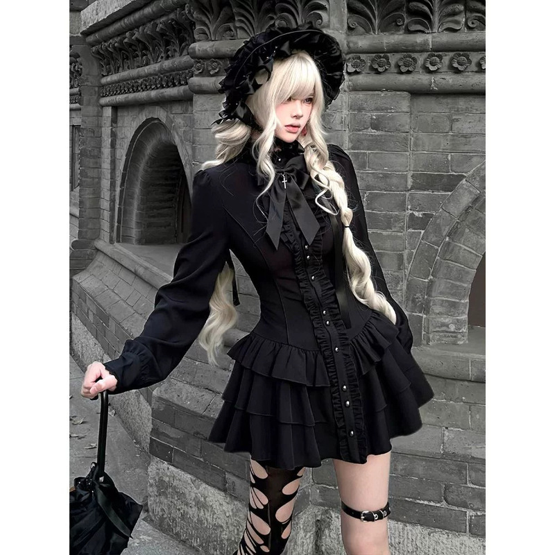 Gothic-style evening slim-fit black lace shirt dress, new spring/autumn collection, retro and elegant, with a cinched waist