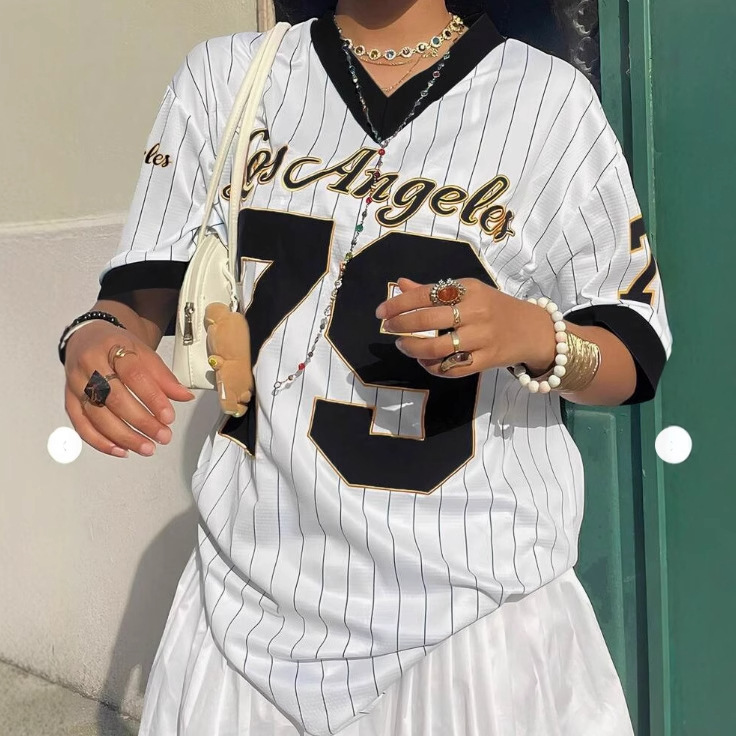 アメリカンハイストリートカジュアルスポーツ野球襟コントラストカラー半袖長袖Tシャツレディース夏ルーズプリント半袖トップ|undefined