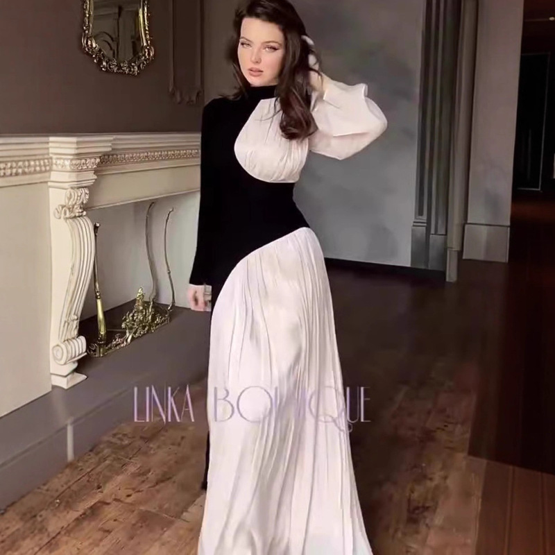 Cross-Border Amazon 2024 European and American Spring New Round Neck Color Matching Long-Sleeved Slim Belt Retro Dress Cross-Border Amazon 2024 European and American Spring New Round Neck Color Matching Long-Sleeved Slim Belt Retro Dress