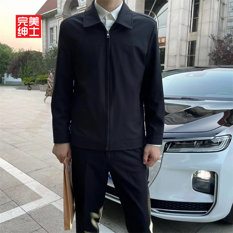 Spring and Autumn Men's Lapel Executive Jacket, Mature Style Business Coat, Black, Structured, Versatile, Zip-Up Commuter Top