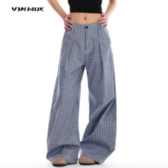 VINMUK プリーツブルーチェック柄薄手カジュアルパンツアメリカンスタイルドレープロングパンツ夏のワイドレッグフロアレングスパンツ男性と女性用