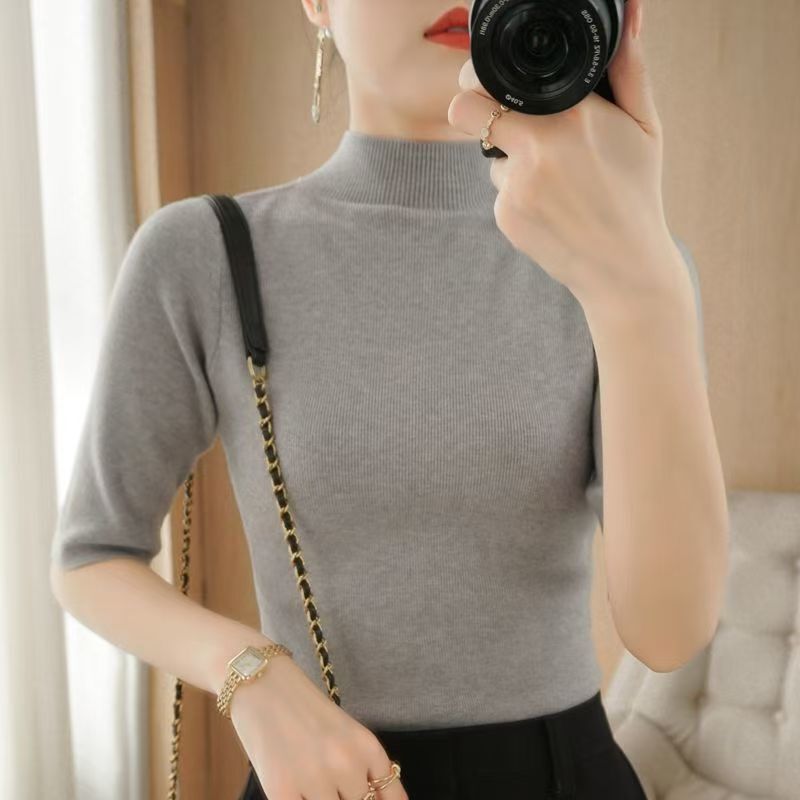 Wholesale half-turtleneck knitted short sleeve women's thin tight five-point sleeve 2024 spring slim vest sweater new slim
