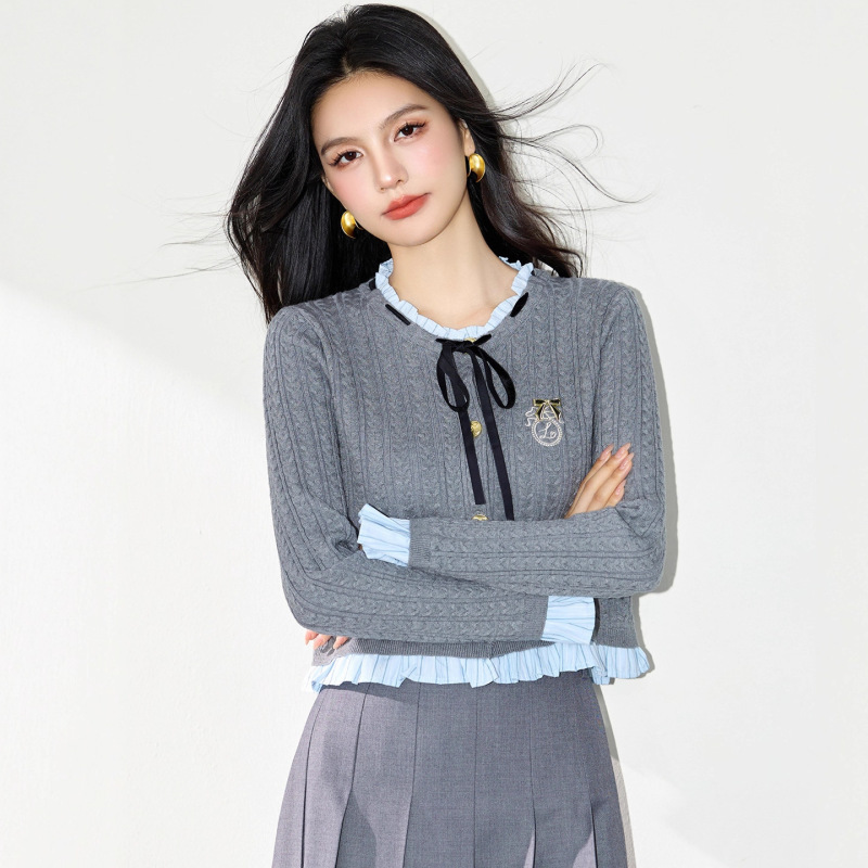 R5331灰色假两件针织开衫女秋季新款学院风边拼接显瘦上衣ins|undefined