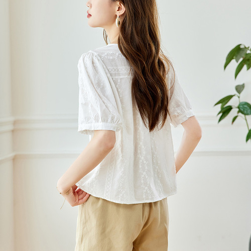 Cotton Cocoon Short Sleeve Jade Button Embroidered Women's Summer Thin Commuting Unique Niche Small Women's Top