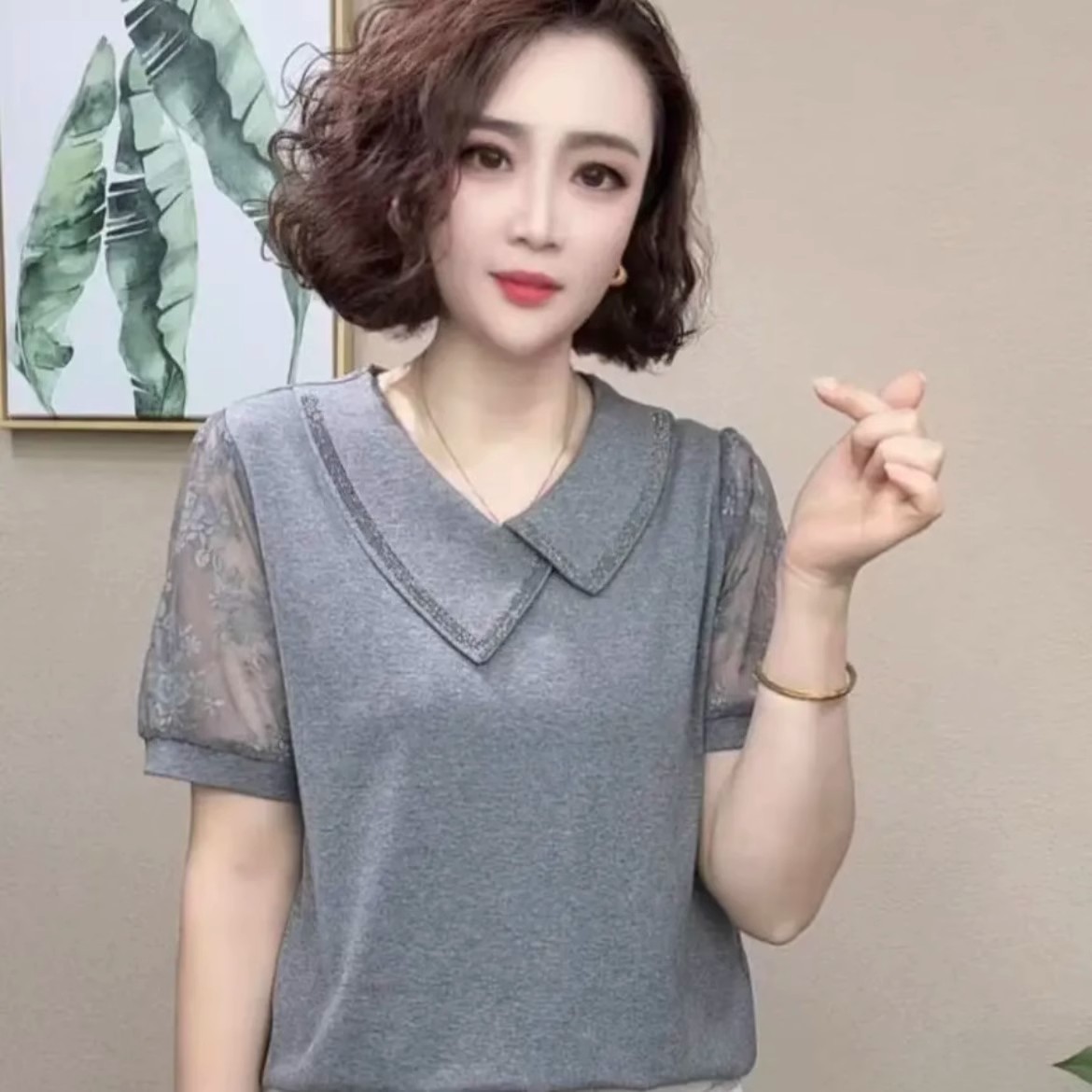 여름 슬리밍 패셔너블 폴로 칼라 핫 다이아몬드 반팔 티셔츠 불규칙 라펠 캐주얼 바닥 셔츠 여성용 탑